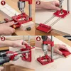 A collage of four images demonstrating the use of a woodworking drill locator. Náhled obrázku produktu