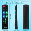 Three views of a black remote control are shown against a light blue background. Text overlays provide product dimensions and battery requirements. Produktbild-Vorschau