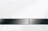 A white toilet flush plate with two buttons, one larger than the other, and a metallic finish. Produktbild-Vorschau