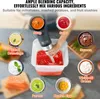 A hand is using an immersion blender to mix a red substance in a white container, surrounded by various food items and labels indicating different uses for the blender. Voir les images du produit