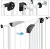 Close-up shots of a white baby gate, showing its mounting hardware and locking mechanism. Náhľad obrázku produktu