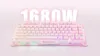 A pink mechanical keyboard with RGB lighting is displayed on a pink gradient background with large white text overlay. Produktbild-Vorschau