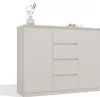 A beige dresser with four drawers and a cabinet door, decorated with a vase of greenery and a pair of glasses on top. Podgląd zdjęcia produktu
