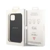 A black Guess phone case is displayed inside its packaging, with the packaging open to reveal the product and information on the inside flap. Voir les images du produit