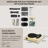 A collage showing a disassembled turntable kit and a fully assembled turntable with dimensions. Produktbild-Vorschau