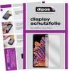 An instructional diagram showing how to apply a screen protector to a smartphone, alongside a product shot of the screen protector and a smartphone. Produktbild-Vorschau