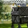 A garden wagon with tools and bags, set in a backyard with grass and a fence. Produktbild-Vorschau