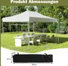 A white pop-up canopy tent set up in a grassy backyard with a long table and chairs underneath. Dimensions are shown with measurement lines and text. Náhľad obrázku produktu
