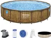 A round above-ground swimming pool with a wood-grain exterior, shown with its accessories. Produktbild-Vorschau