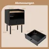 A diagram showing the dimensions of a black nightstand with a wood-tone shelf and drawer, alongside a separate diagram of an open drawer. Náhled obrázku produktu