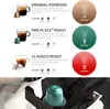 A collage of coffee capsules and their descriptions, with a close-up of a coffee machine with a capsule inserted. Produktbild-Vorschau