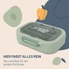 A lunchbox with cutlery inside, surrounded by illustrations of vegetables and abstract shapes. Produktbild-Vorschau