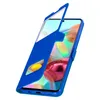 A blue flip cover for a smartphone is shown from a diagonal angle, with the cover partially open to reveal the phone screen. Podgląd zdjęcia produktu