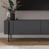 A close-up view of a dark gray TV cabinet with a plant and decorative items on top, set against a textured gray wall and a wooden floor. Anteprima dell’immagine prodotto