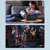 A collage showing a woman using a portable speaker and a band performing. Náhled obrázku produktu