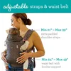 A woman is wearing a baby carrier with a baby inside, with text overlays describing the carrier's features. Produktbild-Vorschau