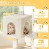 A beige cat tree with a house, viewed from the front, with measurement indicators and feature callouts. Náhľad obrázku produktu