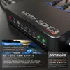 A close-up shot of a black HDMI switch with multiple input and output indicators, along with marketing text and a scenic landscape image. Náhľad obrázku produktu