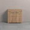 A wooden bathroom vanity cabinet with four drawers is shown against a plain gray wall and tiled floor. Produktbild-Vorschau