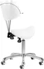 A white saddle stool with a chrome base and wheels, shown from a side angle. The backrest is tilted upwards, indicated by dashed lines and the text '30°'. Produktbild-Vorschau