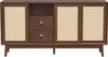 A dark brown wooden sideboard with woven rattan door fronts and two drawers. Produktbild-Vorschau