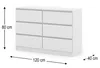 A white dresser with six drawers is shown with measurement labels. Voir les images du produit