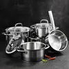 A collection of stainless steel pots and pans arranged on a dark, textured surface. Náhled obrázku produktu
