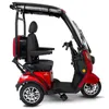 A red three-wheeled electric scooter with a roof and windshield, shown from the side against a white background. Produktbild-Vorschau