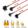 Four different types of fuse tap adapters with red wires and their corresponding fuse types shown below with dimensions. Produktbild-Vorschau