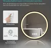 A bathroom mirror with LED lighting and a diagram illustrating its use with a wall switch and power outage memory function. Produktbild-Vorschau