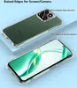 A clear phone case is shown on a light blue background, highlighting its protective features for the screen and camera. Produktbild-Vorschau