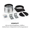A collection of parts for an exhaust system, including a flexible tube, adapter, mounting brackets, and screws, laid out on a white background. Text at the bottom indicates it's a complete set. Produktbild-Vorschau