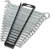 A set of wrenches is neatly organized in a black plastic holder. Produktbild-Vorschau