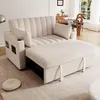 A beige sofa bed with an extended ottoman is shown in a living room setting with a rug and a round table with chairs in the background. Voir les images du produit