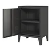 A dark gray metal nightstand with one door open, revealing two shelves inside. The nightstand is on a white background. Náhled obrázku produktu
