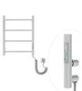 A white electric towel radiator with a coiled power cord and plug, shown against a white background. A close-up inset shows the thermostat control panel. Produktbild-Vorschau
