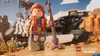 A Lego minifigure of Aloy from Horizon Forbidden West stands in a desert-like environment with a large mechanical creature in the background. Produktbild-Vorschau