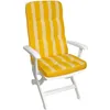 A white folding chair with a yellow and white striped cushion. Produktbild-Vorschau