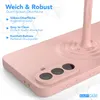 A pink phone case is shown with liquid being poured onto it, demonstrating its soft and robust nature. Text overlays describe its features. Produktbild-Vorschau