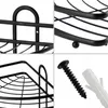 A collage of four close-up images showing details of a black metal shower caddy and its mounting hardware. Podgląd zdjęcia produktu