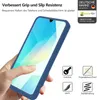 A hand holding a blue phone case with a screen protector. Produktbild-Vorschau