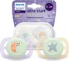 A package of two Philips Avent pacifiers for newborns, designed for nighttime use and glowing in the dark. Náhľad obrázku produktu