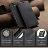 A black leather flip phone case is shown on a brown textured background, with close-up insets highlighting features. Produktbild-Vorschau