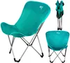 A teal camping chair is shown in three different views: fully assembled, folded, and a close-up of the seat. Náhľad obrázku produktu