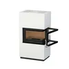 A white modern fireplace with its glass door open, showing the interior. Produktbild-Vorschau