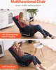 Two images of a multifunctional chair in different reclining positions, with text overlays describing its features. Voir les images du produit