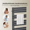 A collage of lifestyle images showing people using towels, next to a product image of a towel warmer. Voir les images du produit