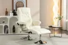 A beige recliner chair with a matching ottoman is shown in a well-lit room with a white shelving unit and a small side table. Produktbild-Vorschau