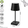 A black table lamp with a USB charging cable and various feature icons. Produktbild-Vorschau