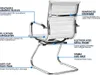 A white office chair with various features highlighted by text labels. Produktbild-Vorschau